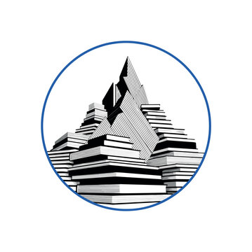 minimal book mountain enclosed in a blue circular frame, thin linear elements suggesting height and perspective, high contrast black and white objects,