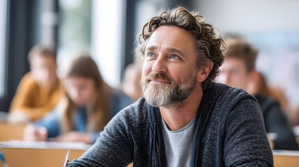Fototapeta premium Focused adult male participates in lecture or seminar setting