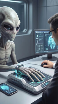 Interrogator processing extraterrestrial being in high-tech laboratory. Biometric scanning of alien hand for identification and research purposes.