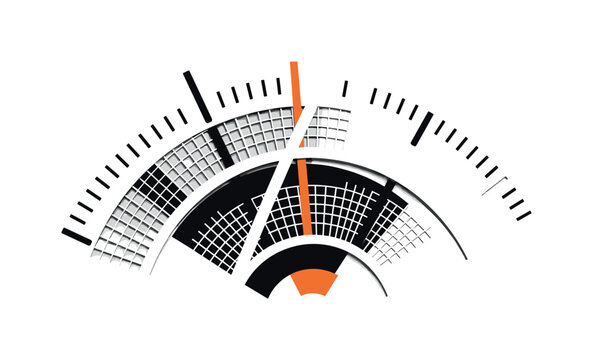 close-up of tuning scale with abstract geometry, monochrome dial markings combined with circular grids and diagonal bars, layered cut-out effect with white