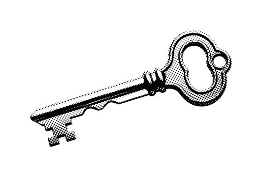 A vintage skeleton key with finely engraved patterns symbolizing secure access, isolated in minimal composition, black and white halftone illustration, refined