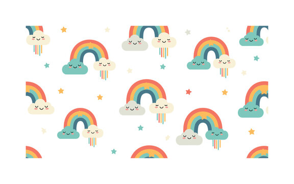 cute rainbow cloud icons seamless pattern, repeating pattern, surface design, textile print, soft color palette, modern illustration, flat vector playful