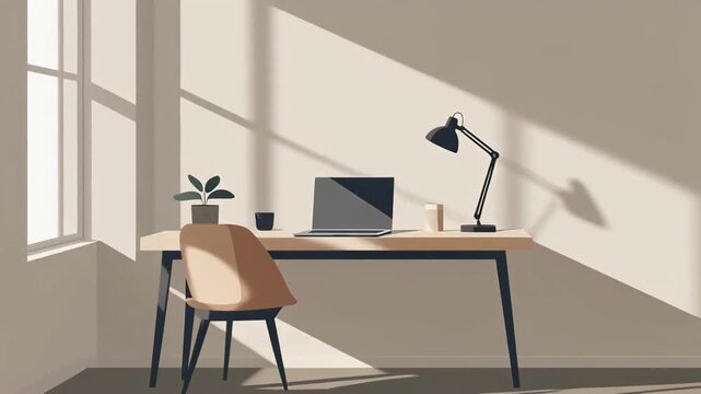 Cozy home office setup with a laptop, chair, and desk illuminated by sunlight streaming through a window, creating a peaceful work environment