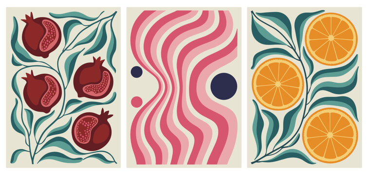 Triptych Wall Art with Pomegranates, Oranges, and Abstract Wavy Lines art print