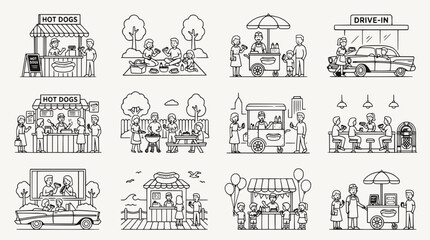 Obraz premium Line art illustration set of people enjoying street food and outdoor activities