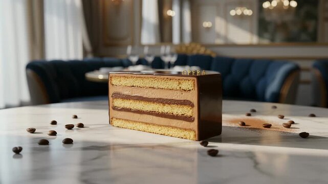 Classic French Op&eacute;ra cake with layers of almond sponge, coffee buttercream, and chocolate ganache served on a marble table.
