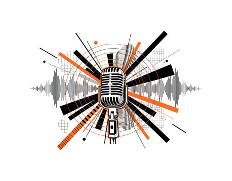 vintage microphone broadcasting abstract signals, monochrome mic combined with circular wave patterns and diagonal bars, layered geometric elements and subtle