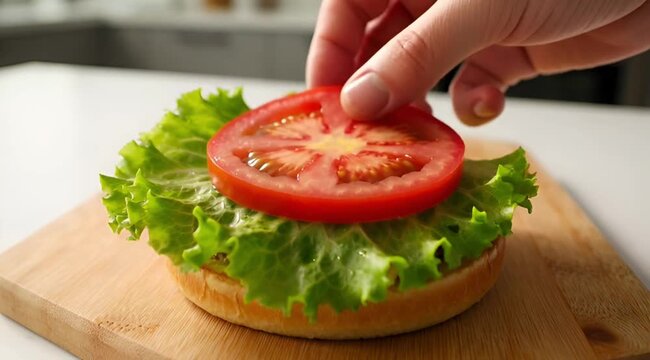 A hand places a tomato slice on a burger with lettuce on a wooden cutting board