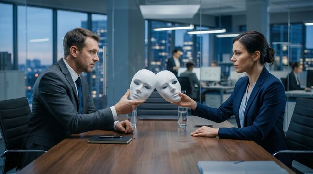 Two business professionals exchanging white theatrical masks across conference table in evening office