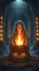 Fototapeta premium Priestess performing fire ritual in ancient stone temple with glowing runes. Mystical ceremony in dark cavern with magical symbols on pillars.
