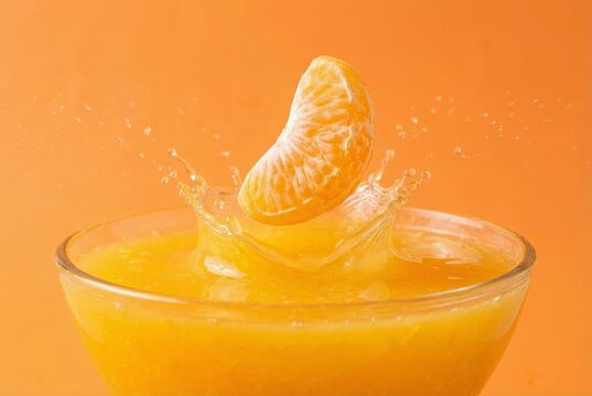 Orange segment splashing into a glass bowl of fresh pulpy juice, creating energetic liquid droplets against a vibrant orange background, representing healthy natural refreshment