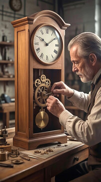 Senior clockmaker repairing vintage wooden pendulum clock in workshop. Professional horologist adjusting internal gears and mechanism of antique timepiece at workbench.
