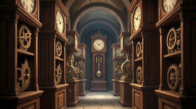 Wooden grandfather clocks lining stone corridor. Antique timekeeping instruments displayed in historical arched hallway with visible gears and pendulums.