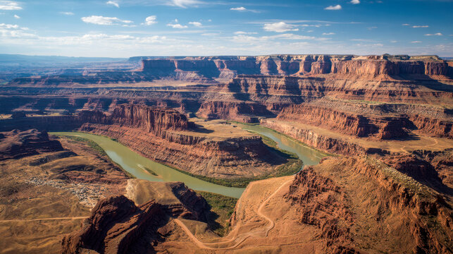 Expansive desert canyon landscape featuring winding river and rugged red rock formations under a bright blue sky with scattered clouds