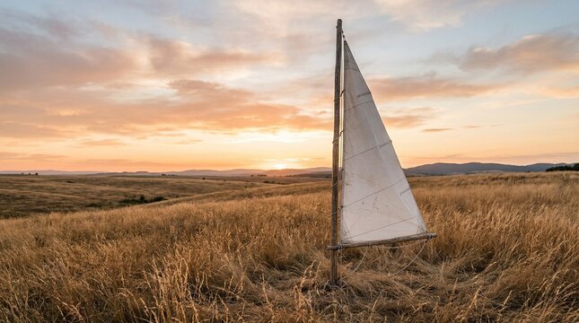 Sail rig with white triangular sail standing in golden grass at sunset