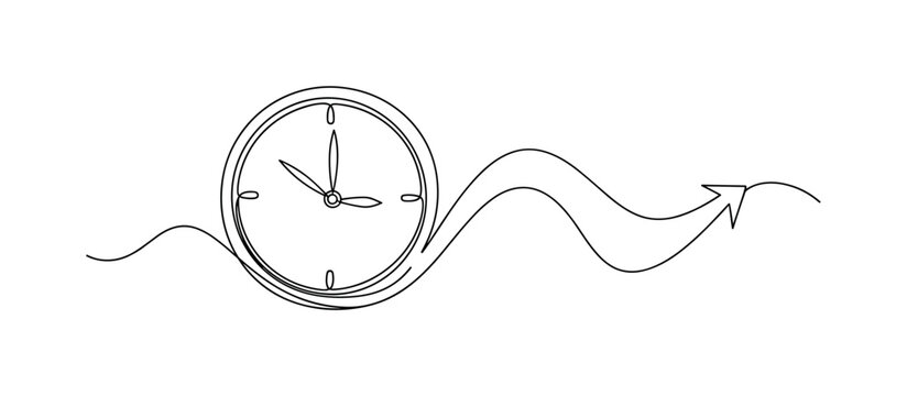 Time Tracking Illustration. Minimalistic one-line drawing modern clock with smooth arrow indicating schedule flow, continuous single black line on white