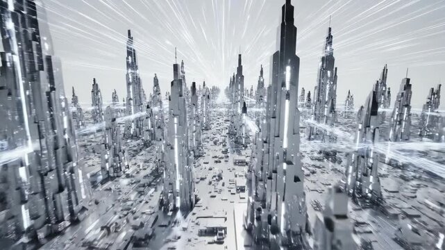 A shimmering, futuristic cityscape with soaring, angular towers reaching towards a bright sky, representing advanced urban development and technological progress.