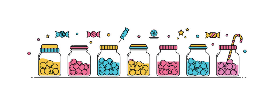 Candy jar collection a small set of colorful candy jars arranged neatly with simple shapes and bright sweets visible inside. A cheerful and playful scene