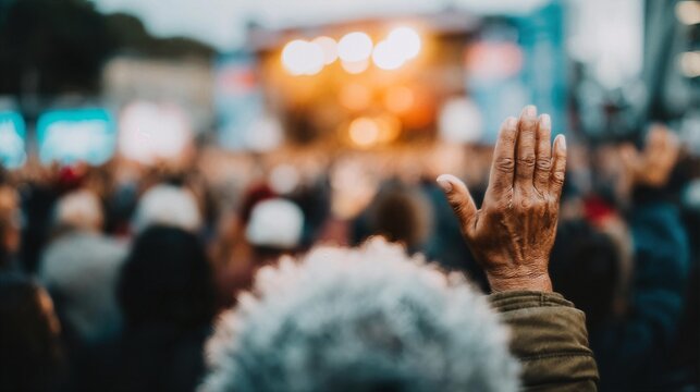 Close-up of hands lifted in worship against a warm blurred golden background radiating soft bokeh light