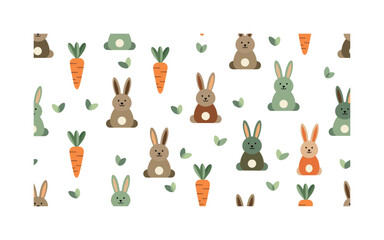 Fototapeta premium bunny carrot motifs seamless pattern, repeating pattern, surface design, textile print, soft color palette, modern illustration, flat vector rabbits with