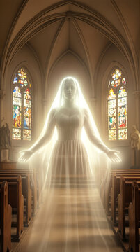 Ethereal glowing bride apparition standing in gothic church aisle. Spiritual figure with outstretched arms in cathedral interior.