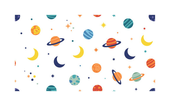 cosmic planets and stars seamless pattern, repeating pattern, surface design, textile print, soft color palette, modern illustration, flat vector planets,