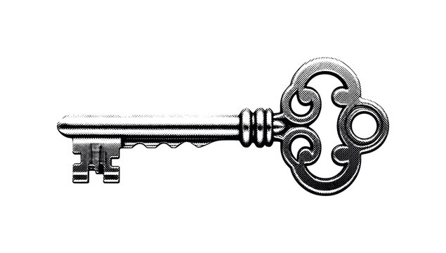 An antique skeleton key with scratched surface and gritty patina, isolated in minimal composition, black and white halftone illustration, irregular halftone
