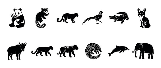 Fototapeta premium Collection of diverse animal silhouettes including panda, red panda, panther, pheasant, alligator, fox, yak, leopard, tiger, pangolin, dolphin, and elephant.
