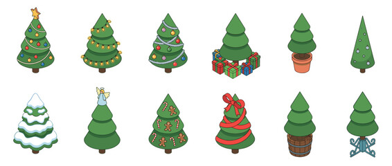 Fototapeta premium Isometric Christmas trees collection featuring various decorated and plain evergreen conifers for festive holiday season designs.