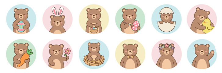 Fototapeta premium Cute cartoon bears celebrating Easter and spring with eggs, bunnies, chicks, and flowers in a delightful collection of illustrations.
