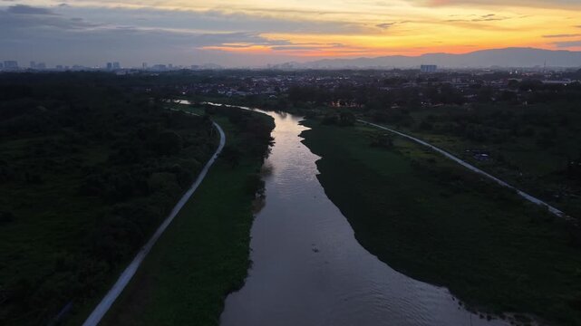 Aerial Labuh Banting river sunset scenery over wetlands