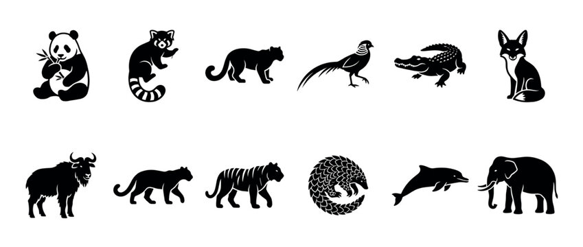 Collection of diverse animal silhouettes including panda, red panda, panther, pheasant, alligator, fox, yak, leopard, tiger, pangolin, dolphin, and elephant.