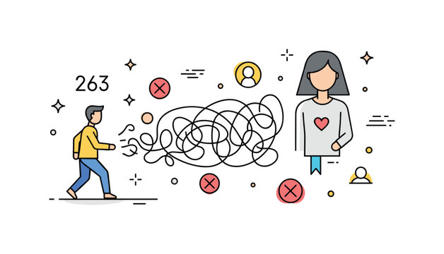 Breaking free from toxic relationship concept with a figure stepping away from tangled lines and negative symbols conveying clarity, self respect,