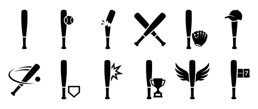 Baseball bats and related equipment icons set in black silhouette style, representing various aspects of the popular sport.