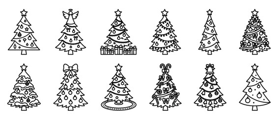 Fototapeta premium Christmas trees line art collection featuring various decorated holiday firs with ornaments, stars, and gifts, perfect for festive designs and winter celebrations.