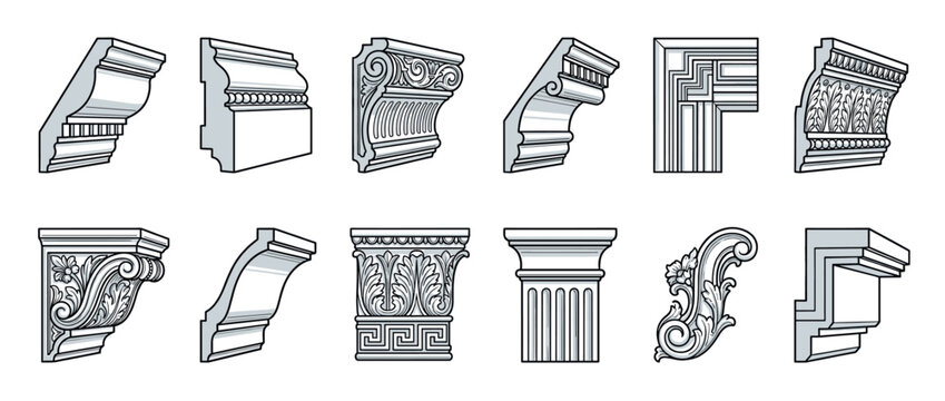 Architectural moldings, cornices, and decorative elements collection featuring classical and contemporary designs for interior decoration.