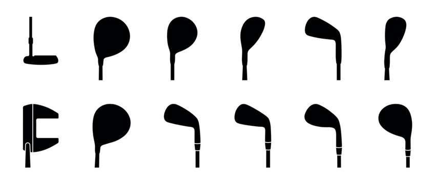 Collection of golf clubs silhouettes, including putters, drivers, irons, and woods, essential equipment for the game of golf.