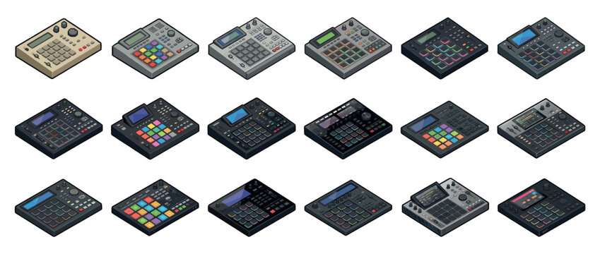 Drum machines samplers music production equipment in a detailed isometric pixel art style, representing various models for beat making and electronic music creation.