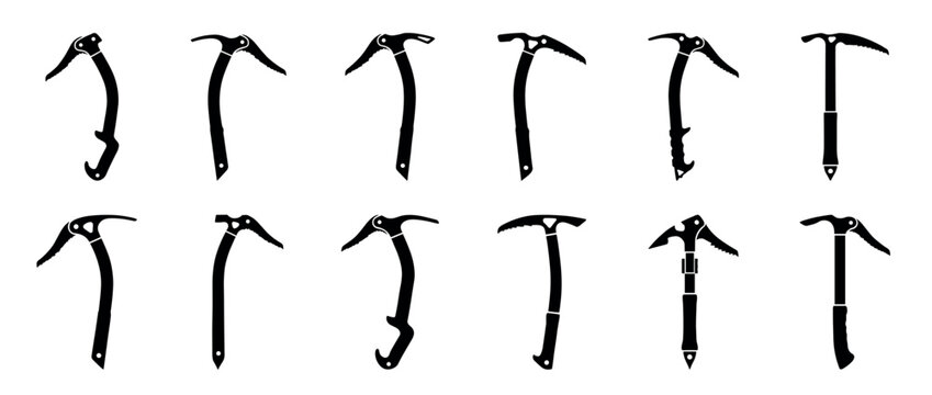 Collection of ice axes and ice picks, essential equipment for mountaineering, alpine climbing, and winter expeditions.