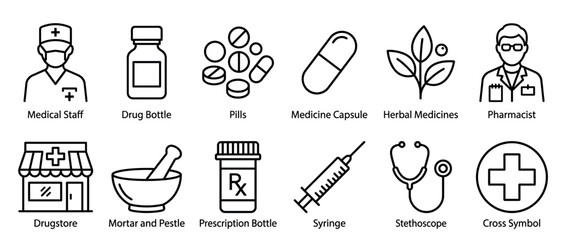 Naklejka premium Medical pharmacy healthcare icons symbols representing various aspects of health, treatment, and pharmaceutical services in a clean line art style.
