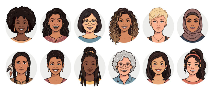 Diverse women avatars smiling in a collection of cartoon-style profile pictures representing various ethnicities and ages.