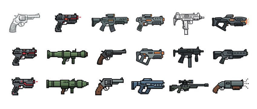 Various weapon illustrations including hand-drawn revolvers and pixel art guns, rifles, and rocket launchers for gaming or design projects.