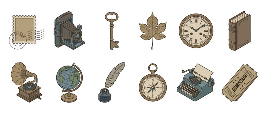 Collection of vintage isometric objects including a camera, gramophone, globe, and typewriter, representing history, travel, and communication.
