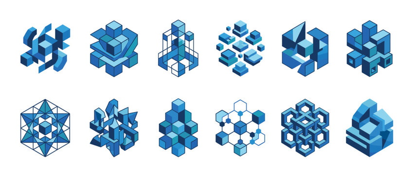 Collection of abstract blue isometric shapes and geometric forms illustrating modern technology and data concepts.