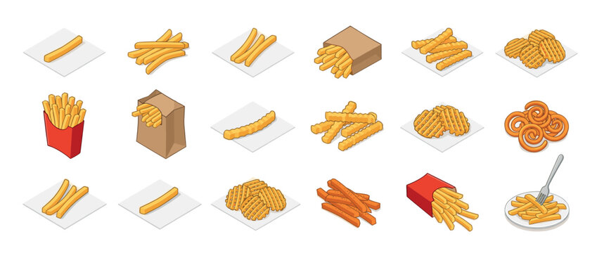French fries and potato snacks isometric vector illustration set showing various types of fried potatoes in different serving styles.