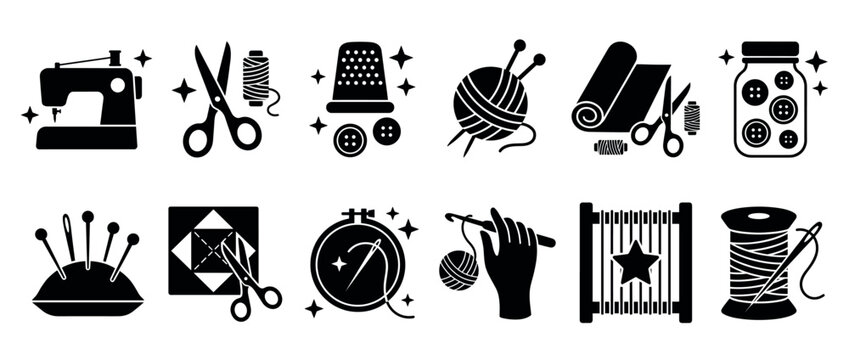 Collection of sewing, crafting, knitting, and embroidery tools and supplies depicted as black silhouette icons for handmade hobbies and textile arts.