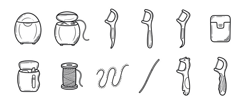 Dental floss and picks collection in various forms, including dispensers, spools, and different types of interdental cleaners, illustrated in a hand-drawn style.