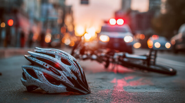 Damaged bicycle helmet lying on the road near a fallen bike and emergency vehicle lights flashing during a city accident scene at sunset