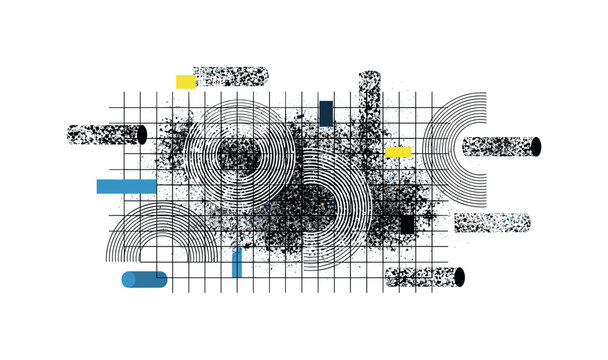 analog interference pattern with structured geometry, black and white noise texture paired with circular wave arcs and grid systems, floating rectangles and