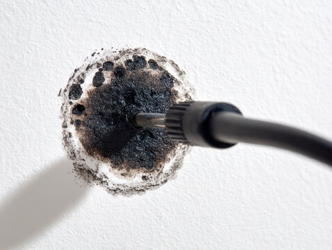 Electrical plug causing burnt damage and blackened scorch marks on white wall surface due to overheating or short circuit hazard risk